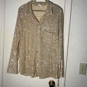 POL Gold Sequin Button Down Shirt Long Sleeve Shimmer Top Womens Medium